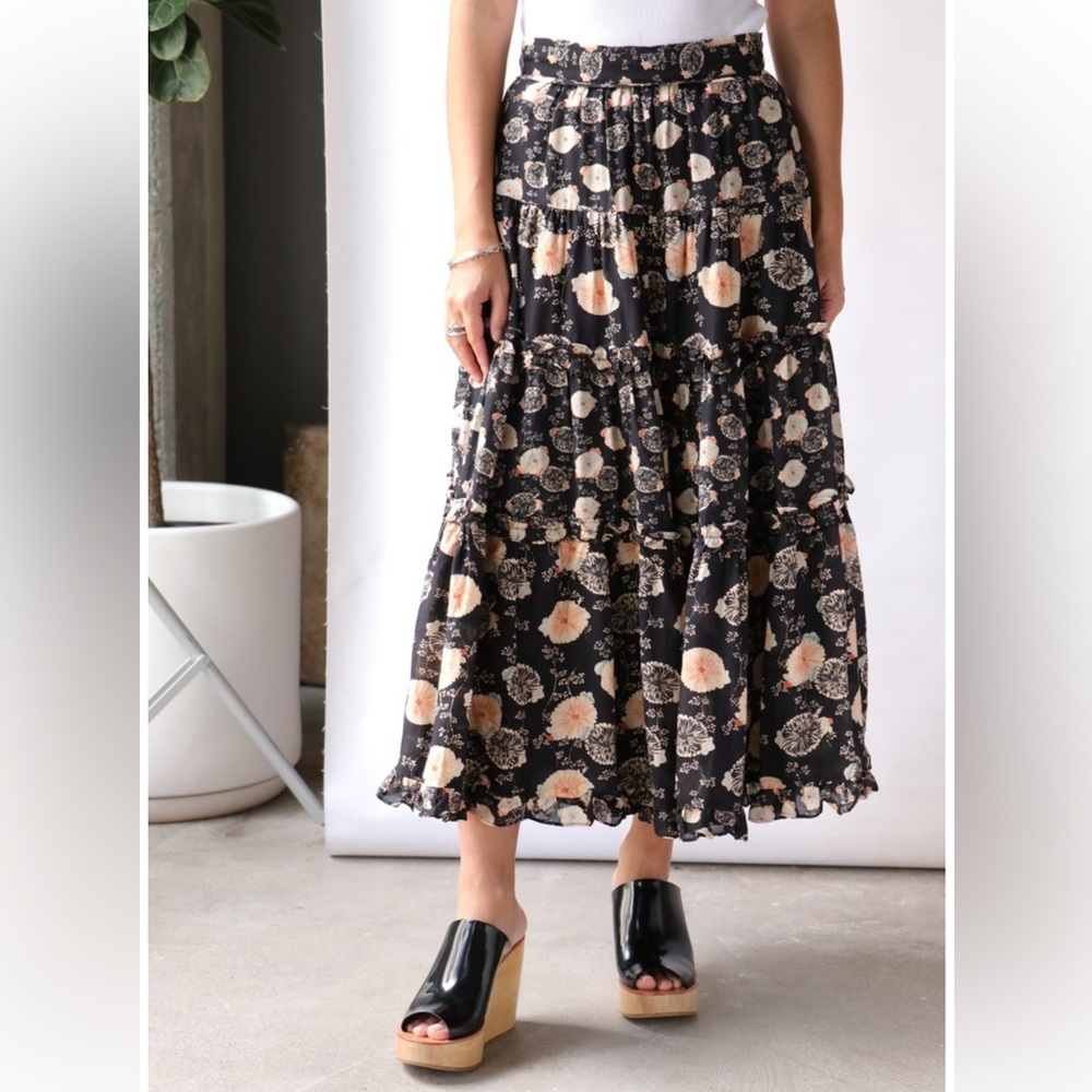 ULLA JOHNSON Floral Black Noir and Peach Tulia Long Women's Skirt Size 6